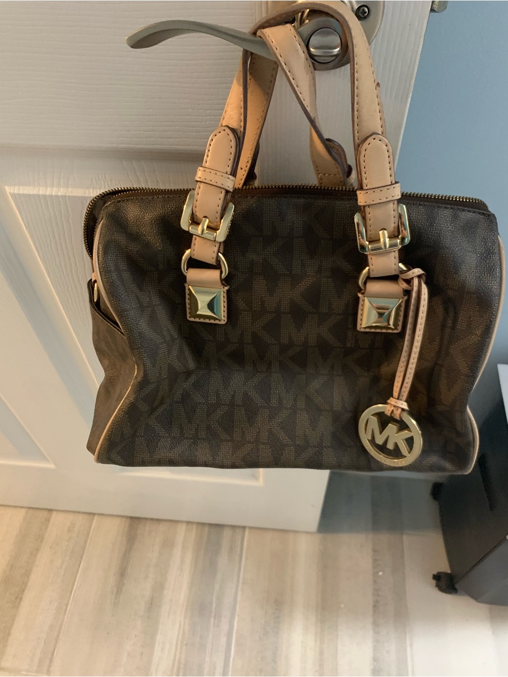 Michael Kors Brown MK Monogram Satchel with Pale Pink Trim